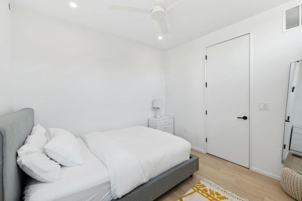 Bedroom, Interior, Recessed Lighting, Wood Texture Flooring