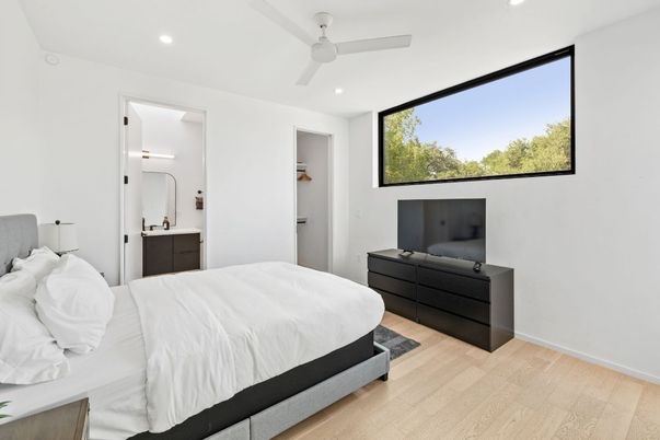 Bedroom, Interior, Recessed Lighting, Wood Texture Flooring