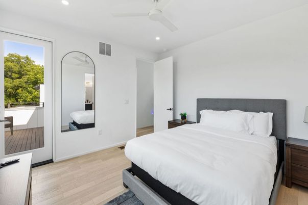 Bedroom, Interior, Recessed Lighting, Wood Texture Flooring