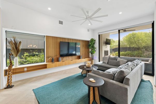 Fireplace, Interior, Living room, Recessed Lighting, Wood Texture Flooring