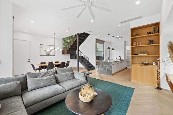 Dining room, Interior, Kitchen, Living room, Pendant Lights, Recessed Lighting, Wood Texture Flooring