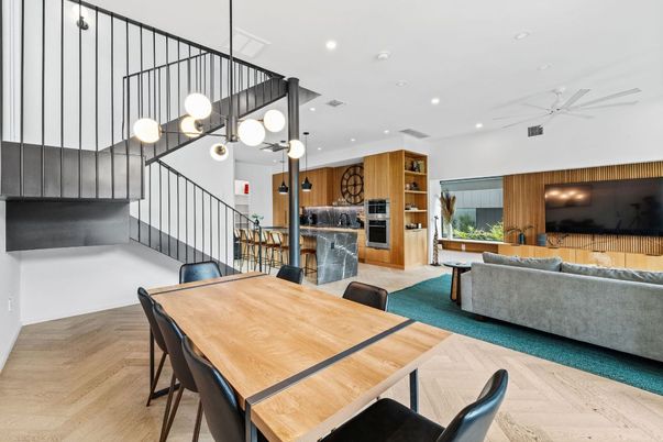 Dining room, Interior, Kitchen, Living room, Pendant Lights, Recessed Lighting, Wood Texture Flooring