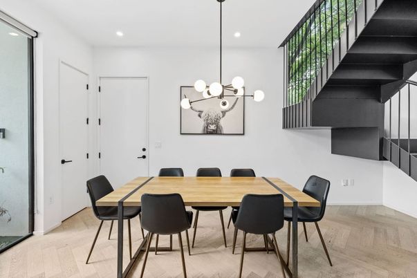 Dining room, Interior, Pendant Lights, Recessed Lighting, Wood Texture Flooring