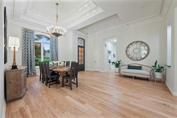 Chandelier, Dining room, Interior, Wood Texture Flooring