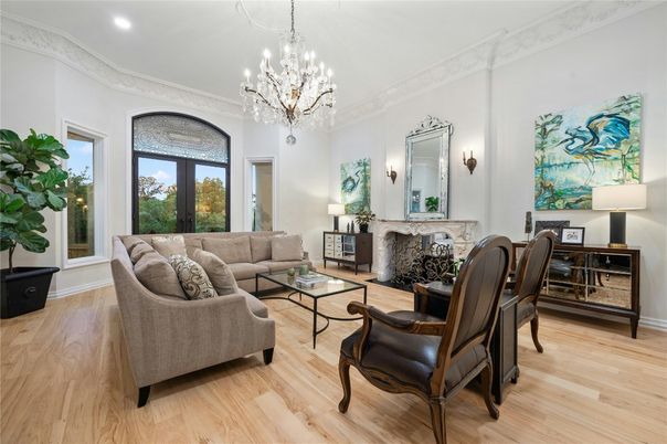 Chandelier, Fireplace, Interior, Living room, Recessed Lighting, Wood Texture Flooring
