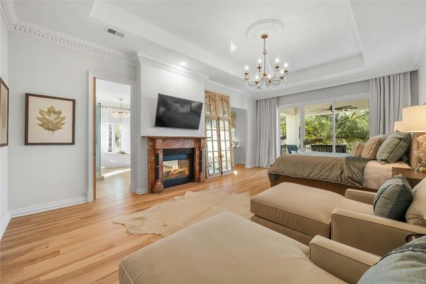 Chandelier, Fireplace, Interior, Living room, Recessed Lighting, Wood Texture Flooring