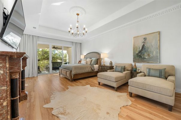 Bedroom, Chandelier, Fireplace, Interior, Wood Texture Flooring