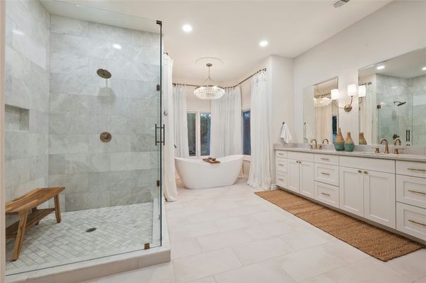Bathroom, Chandelier, Dual Sink Vanities, Free Standing Baths, Glass Shower, Interior, Recessed Lighting