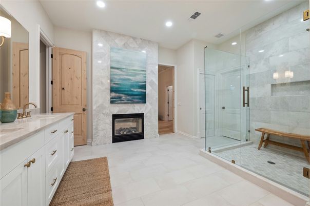 Bathroom, Fireplace, Glass Shower, Interior, Marble Walls, Recessed Lighting