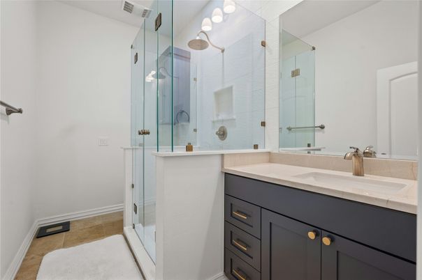 Bathroom, Dual Sink Vanities, Glass Shower, Interior, Tile Countertops