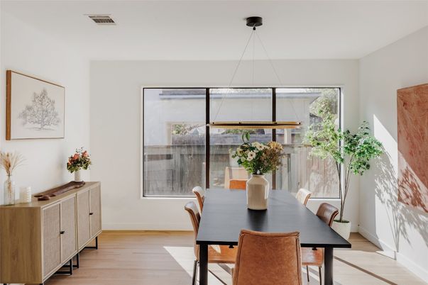 Dining room, Interior, Pendant Lights, Wood Texture Flooring