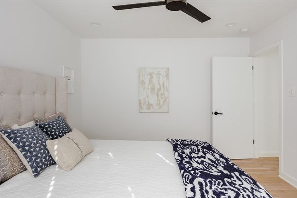 Bedroom, Interior, Recessed Lighting, Wood Texture Flooring