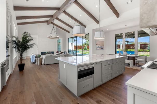 Dining room, Interior, Kitchen, Living room, Pendant Lights, Recessed Lighting, Wooden Beams, Wood Texture Flooring