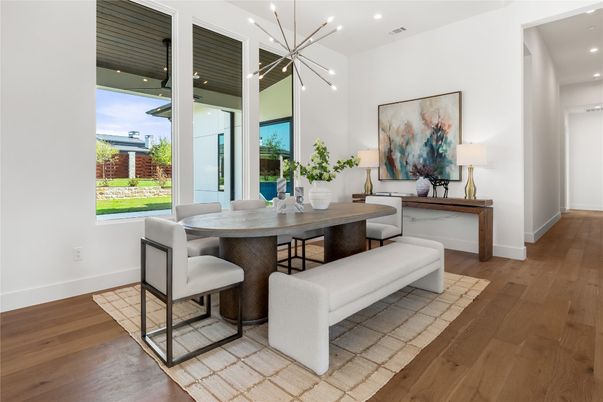 Dining room, Interior, Pendant Lights, Recessed Lighting, Wood Texture Flooring