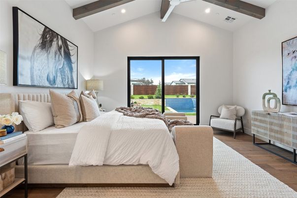 Bedroom, Interior, Recessed Lighting, Wooden Beams, Wood Texture Flooring