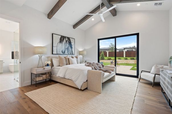 Bedroom, Interior, Recessed Lighting, Wooden Beams, Wood Texture Flooring