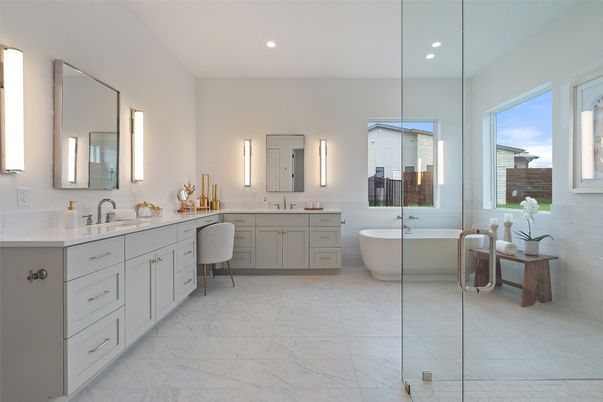 Bathroom, Dual Sink Vanities, Free Standing Baths, Interior, Marble, Recessed Lighting