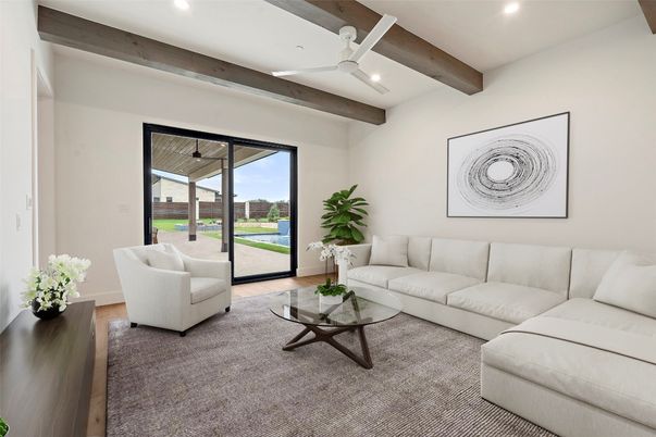 Interior, Living room, Recessed Lighting, Wooden Beams, Wood Texture Flooring