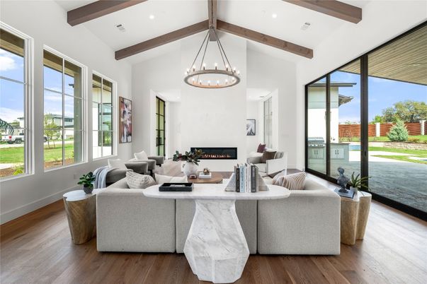 Fireplace, Interior, Living room, Pendant Lights, Recessed Lighting, Wooden Beams, Wood Texture Flooring
