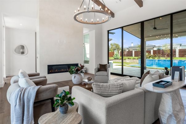 Fireplace, Interior, Living room, Pendant Lights, Recessed Lighting, Wood Texture Flooring