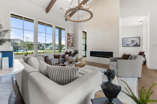 Fireplace, Interior, Living room, Pendant Lights, Recessed Lighting, Wooden Beams, Wood Texture Flooring