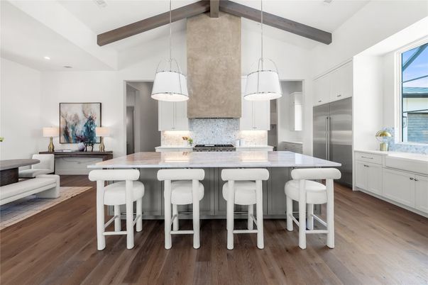 Dining room, Interior, Kitchen, Pendant Lights, Recessed Lighting, Stainless Steel Appliances, Wooden Beams, Wood Texture Flooring