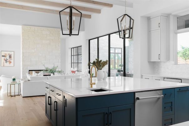 Fireplace, Interior, Kitchen, Living room, Pendant Lights, Stainless Steel Appliances, Stone Walls, Wooden Beams, Wood Texture Flooring