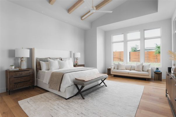 Bedroom, Interior, Recessed Lighting, Wooden Beams, Wood Texture Flooring