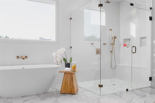 Bathroom, Free Standing Baths, Glass Shower, Interior, Marble, Marble Walls
