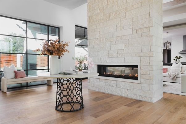 Fireplace, Interior, Living room, Pendant Lights, Stone Walls, Wood Texture Flooring