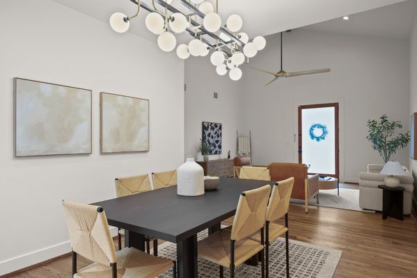Dining room, Interior, Living room, Pendant Lights, Wood Texture Flooring