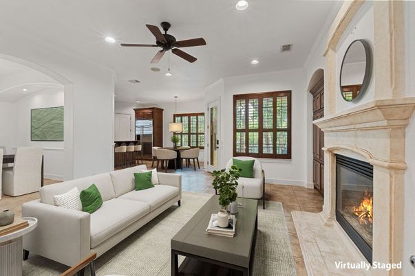 Dining room, Fireplace, Interior, Living room, Pendant Lights, Recessed Lighting