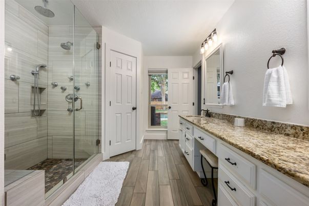 Bathroom, Dual Sink Vanities, Glass Shower, Interior, Wood Texture Flooring