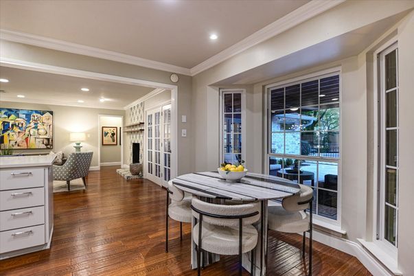 Dining room, Interior, Recessed Lighting, Wood Texture Flooring