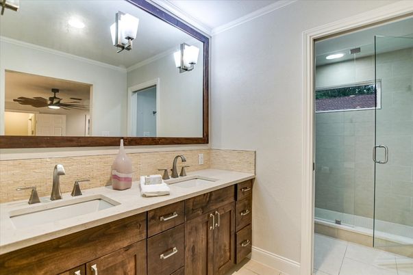 Bathroom, Dual Sink Vanities, Glass Shower, Interior, Recessed Lighting