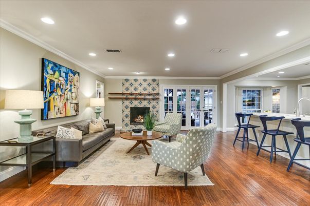Fireplace, Interior, Living room, Recessed Lighting, Wood Texture Flooring