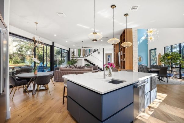 Dining room, Interior, Kitchen, Living room, Pendant Lights, Recessed Lighting, Wood Texture Flooring