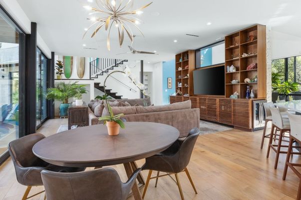 Dining room, Interior, Living room, Pendant Lights, Recessed Lighting, Wood Texture Flooring