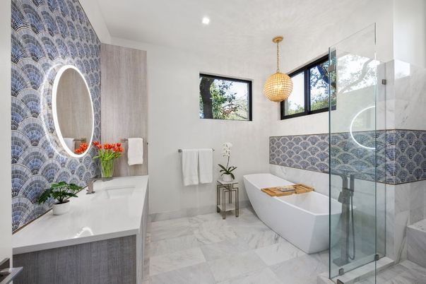 Bathroom, Free Standing Baths, Glass Shower, Interior, Marble, Pendant Lights, Recessed Lighting