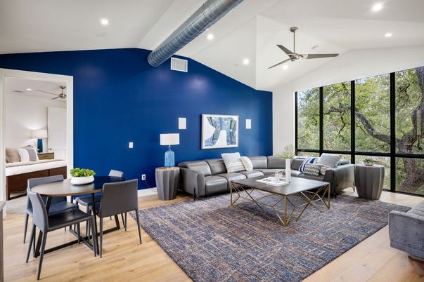 Dining room, Interior, Living room, Recessed Lighting, Wood Texture Flooring