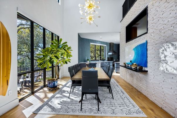 Dining room, Interior, Kitchen, Pendant Lights, Recessed Lighting, Wood Texture Flooring