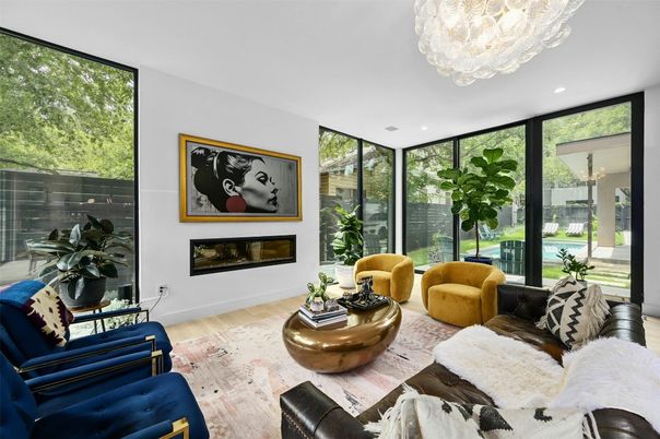 Chandelier, Fireplace, Interior, Living room, Recessed Lighting, Wood Texture Flooring