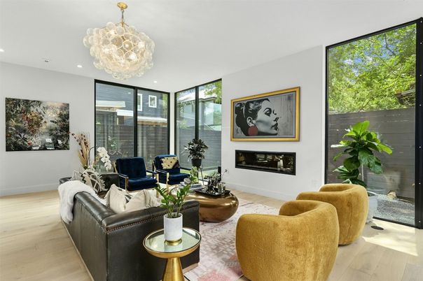 Chandelier, Fireplace, Interior, Living room, Recessed Lighting, Wood Texture Flooring