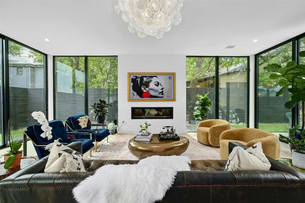 Chandelier, Fireplace, Interior, Living room, Recessed Lighting