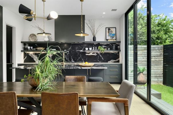 Dining room, Interior, Marble Walls, Pendant Lights, Recessed Lighting, Wood Texture Flooring