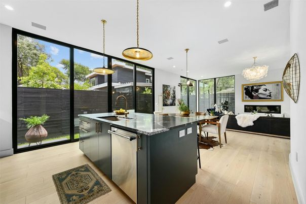 Chandelier, Dining room, Interior, Kitchen, Living room, Pendant Lights, Recessed Lighting, Wood Texture Flooring