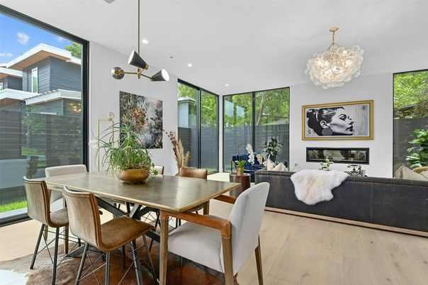 Chandelier, Dining room, Fireplace, Interior, Pendant Lights, Recessed Lighting, Wood Texture Flooring