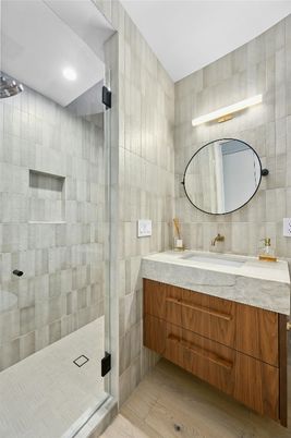 Bathroom, Glass Shower, Interior, Recessed Lighting, Wood Texture Flooring