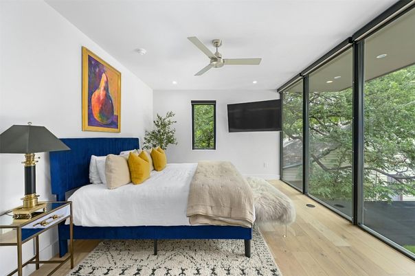 Bedroom, Interior, Recessed Lighting, Wood Texture Flooring