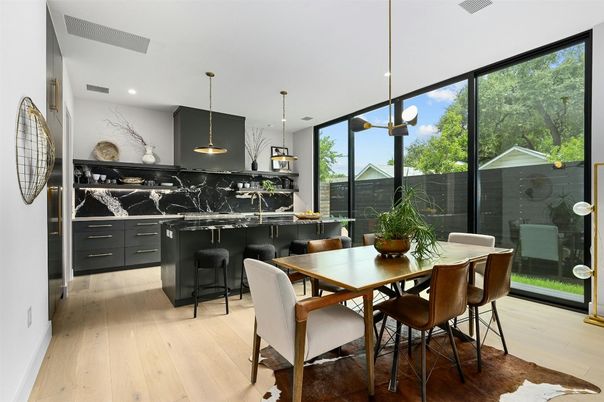 Dining room, Interior, Marble Walls, Pendant Lights, Recessed Lighting, Wood Texture Flooring